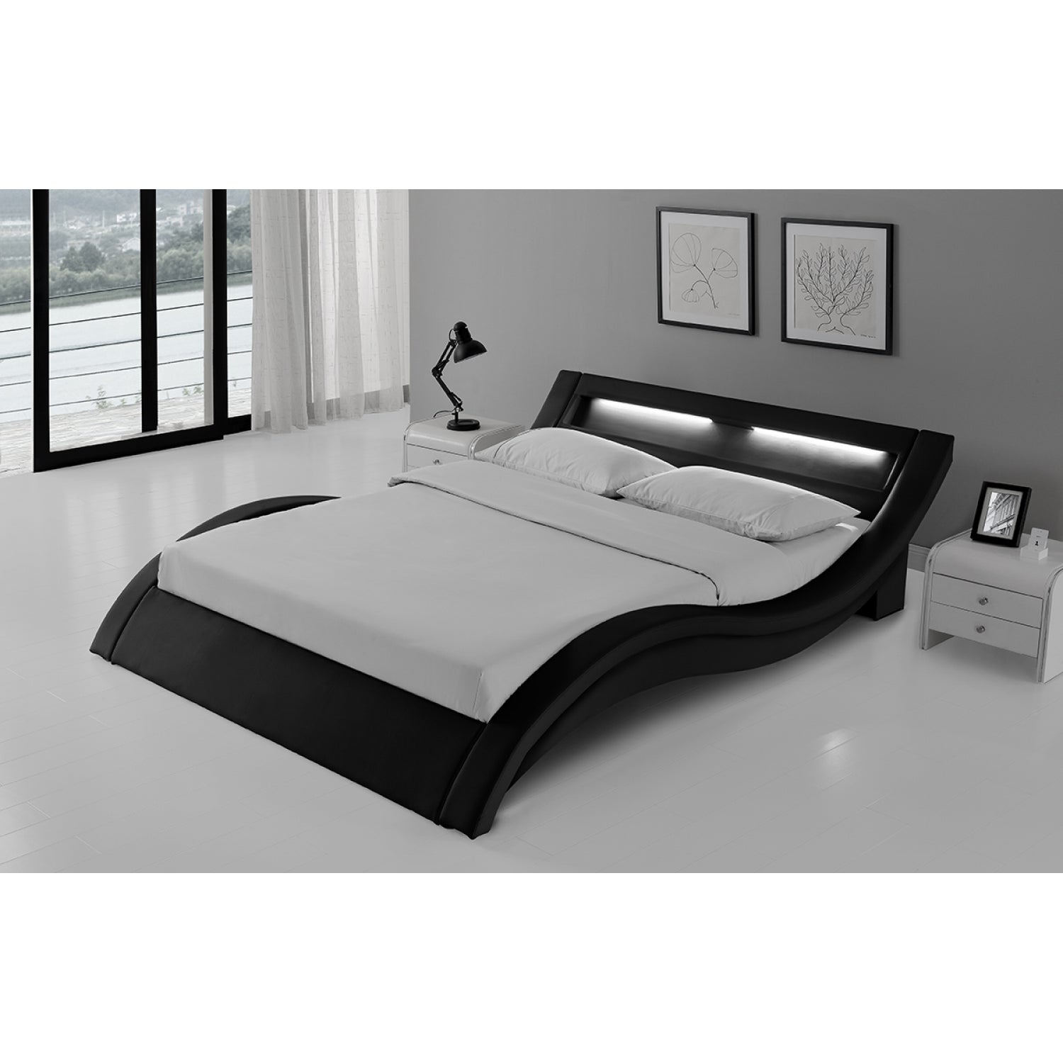 Lit avec LED 140 x 190 cm en PU noir JULIA