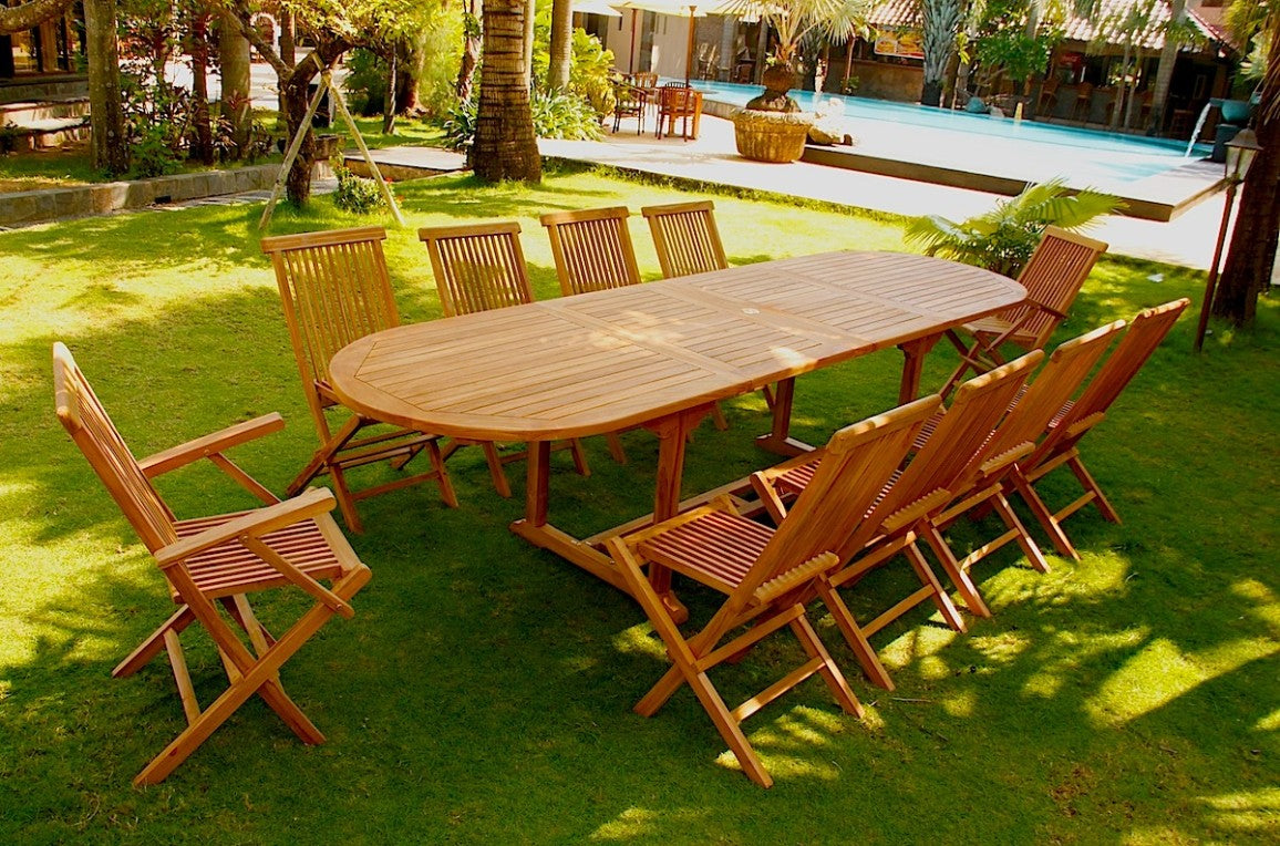 Salon de jardin Teck 12 places Table ovale 8 chaises 2 fauteuils LIRENO
