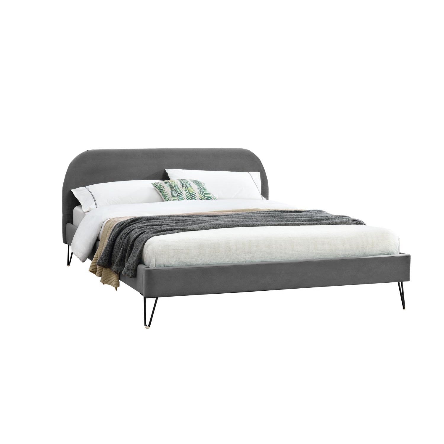 Lit 140 x 190 cm en velours gris et pieds noirs HARENA