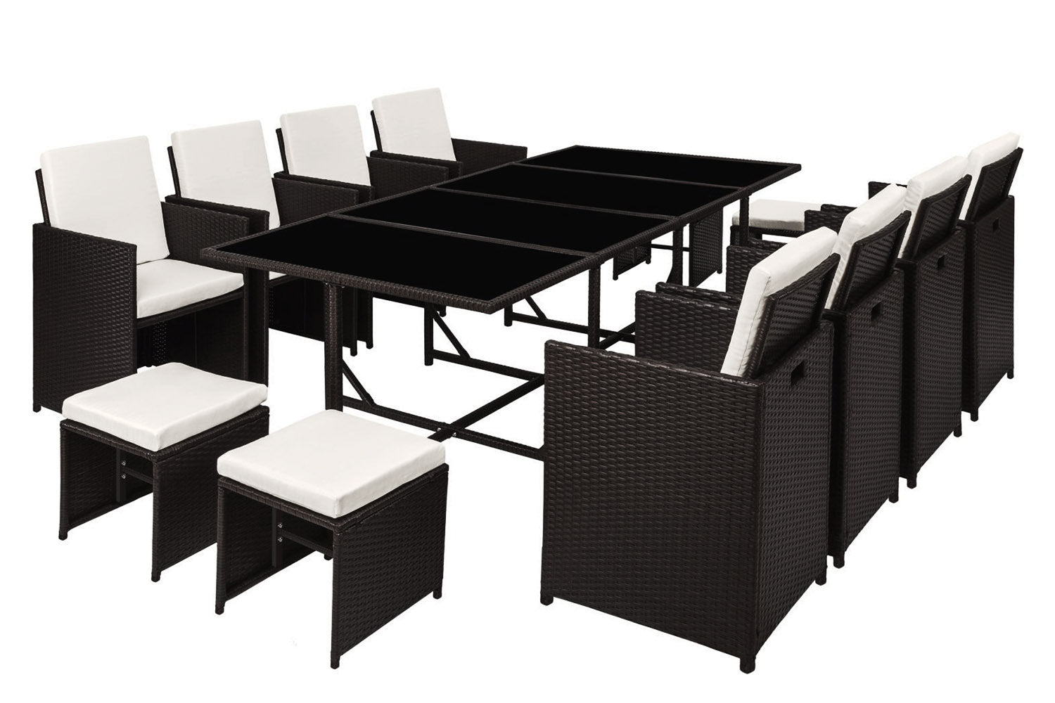 Table et chaises 12 places en résine tressée noir et blanc LOUISIANE