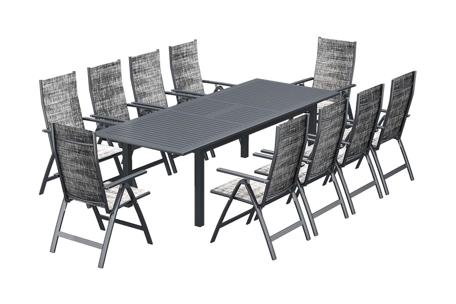 Table de jardin extensible 10 places et 10 fauteuils en alu JAZZI