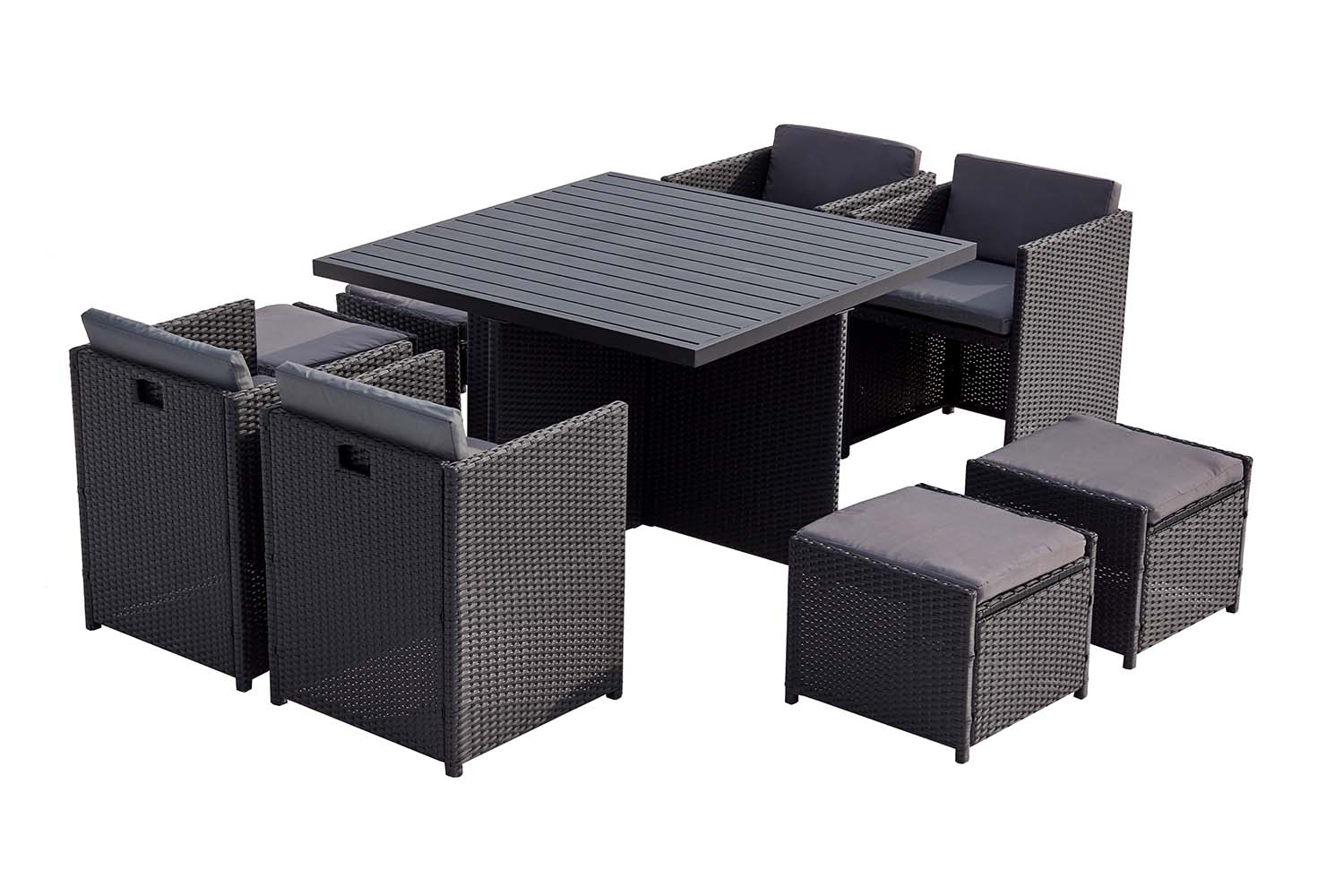 undefined Table et chaises 8 places encastrables alu et résin noir/gris