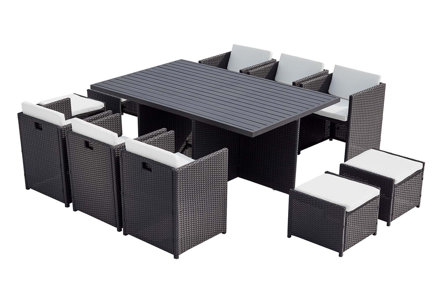 Table et chaise 10 places encastrables alu résine noir/blanc ABASA