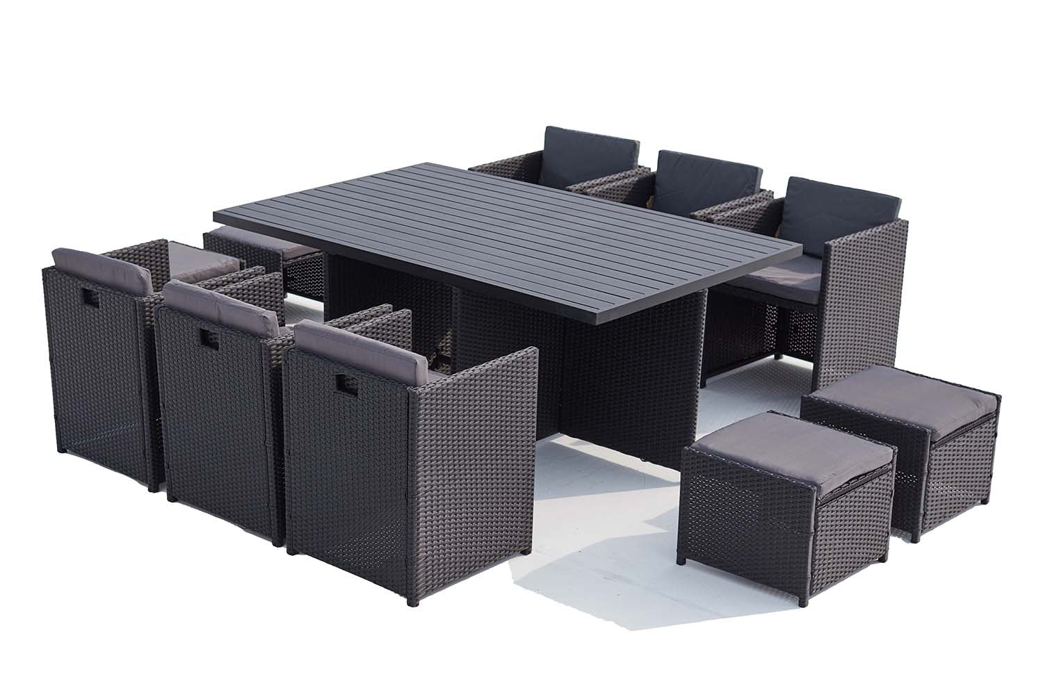 Table et chaise 10 places encastrables alu résine noir/gris ABASA