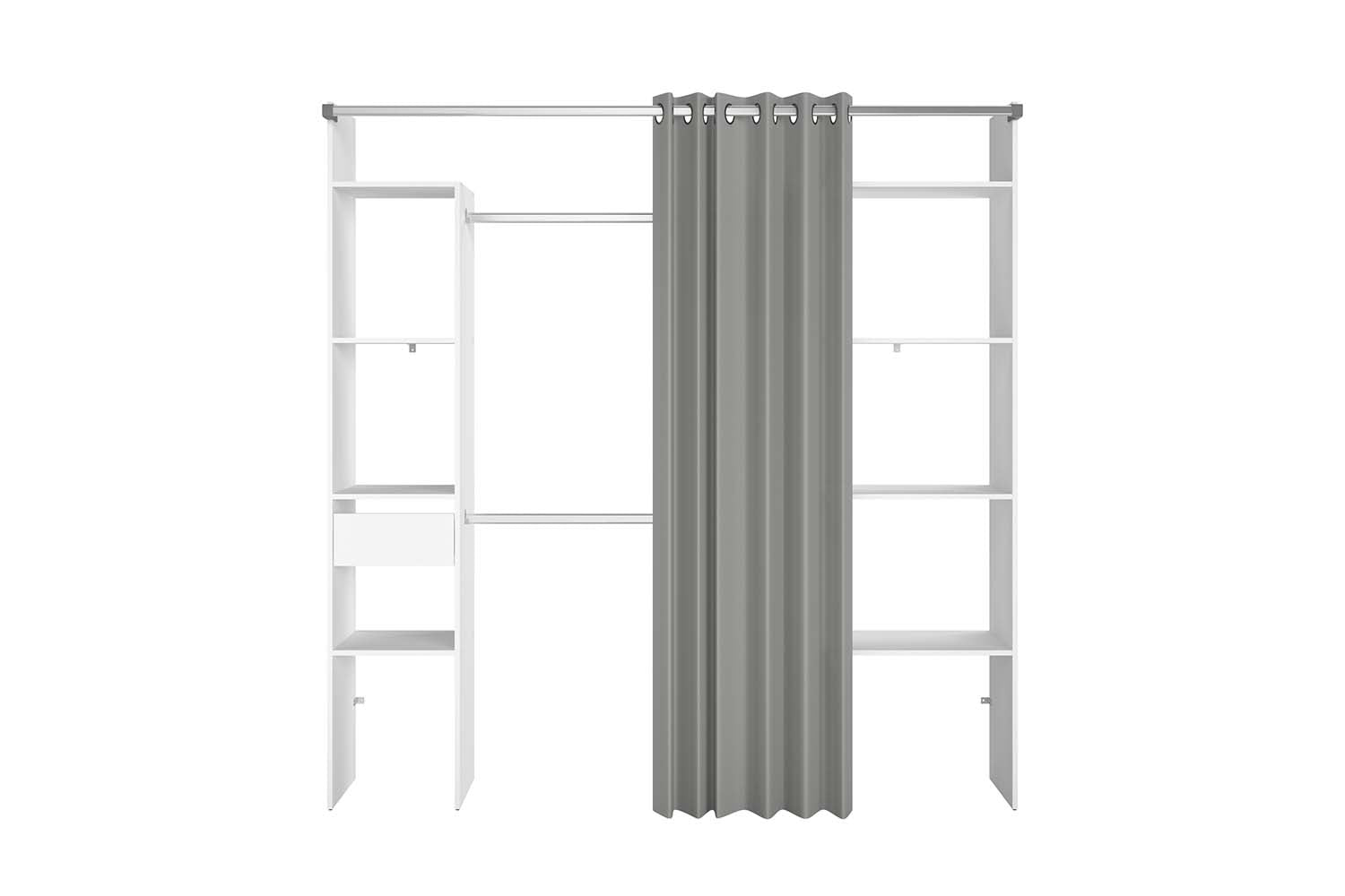 undefined Dressing blanc avec rideau gris 2 penderies, 6 étagères un tiroir