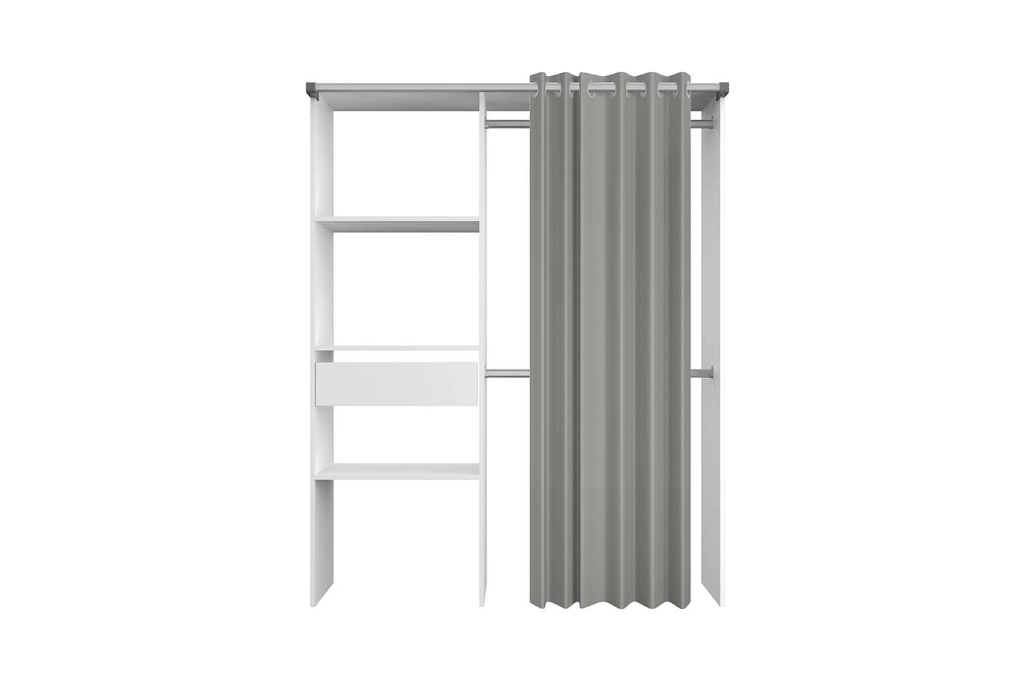 Dressing avec rideau, 4 étagères, 2 penderies et 1 tiroir 143x48x182 blanc BREST