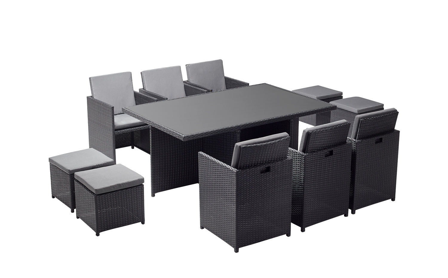 Table et chaises 10 places encastrables en résine noir/gris DALMA