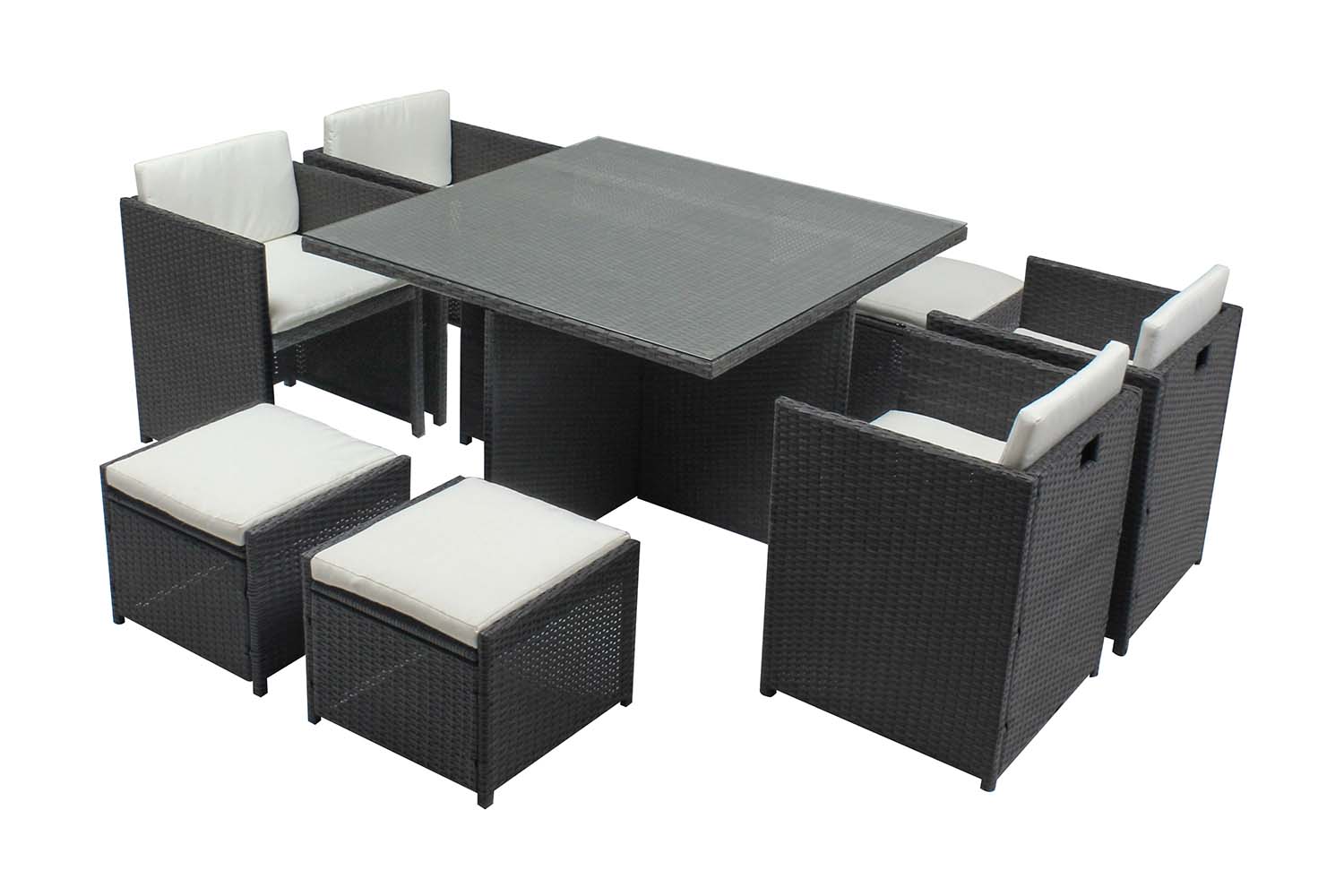 Table et chaises 8 places encastrables en résine gris/blanc REGINA