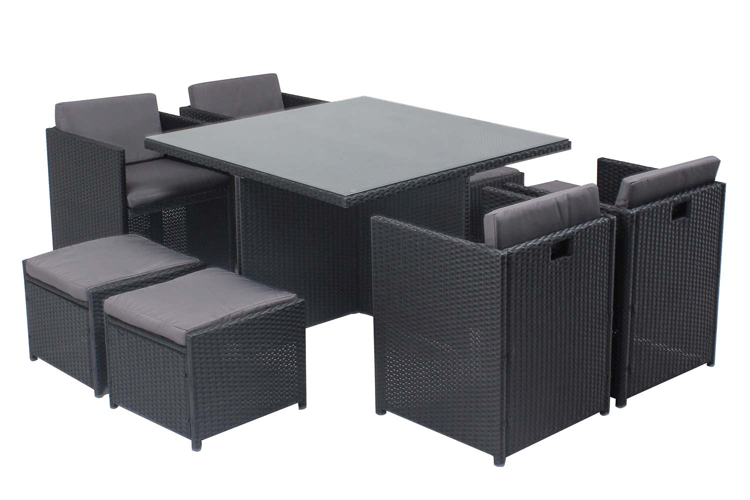 Table et chaises 8 places encastrables en résine noir/gris REGINA