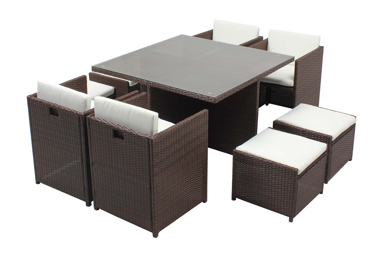 Table et chaises 8 places encastrables résine marron/blanc ERVILO