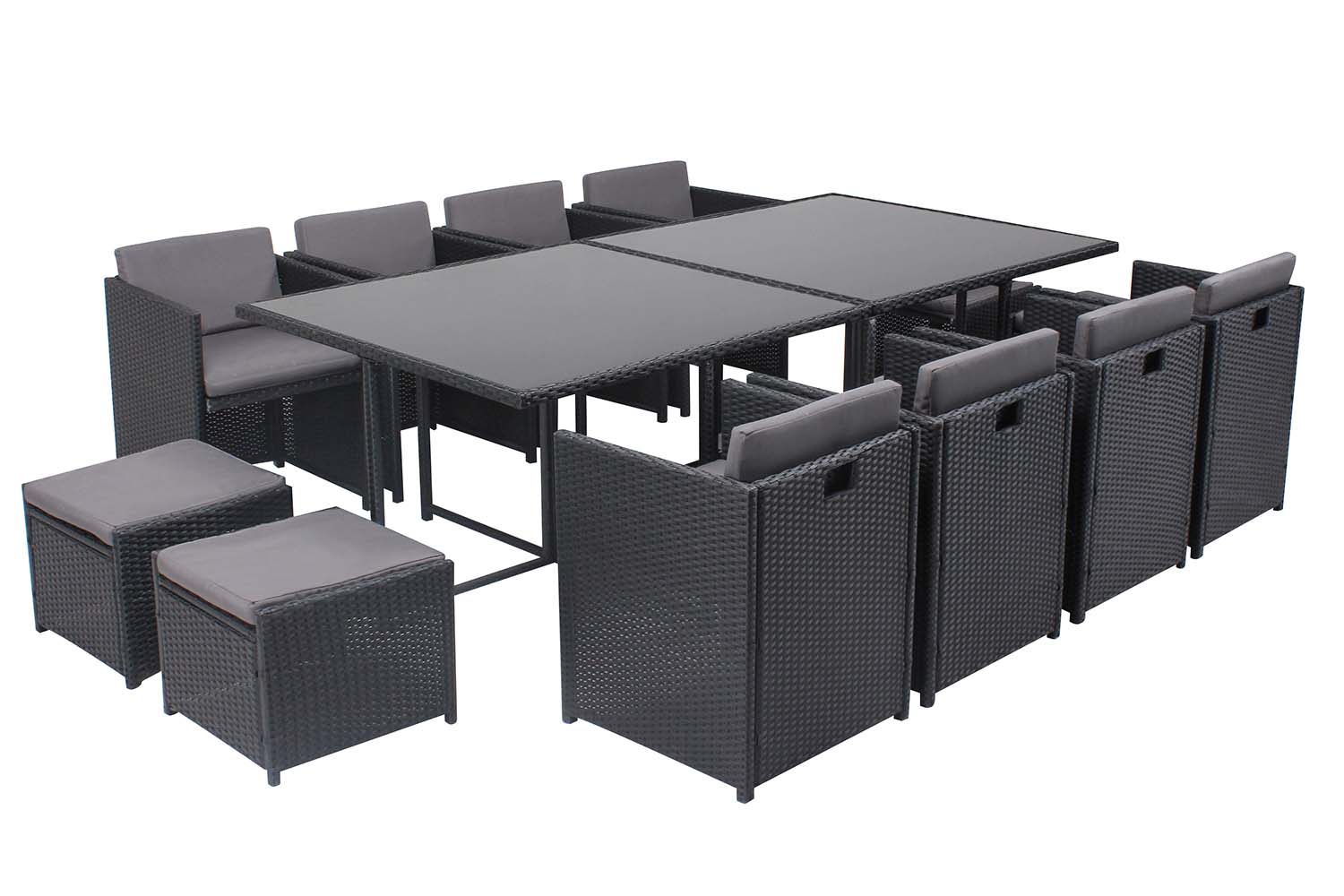 Table et chaises 12 places encastrables en résine noir/gris REGINA