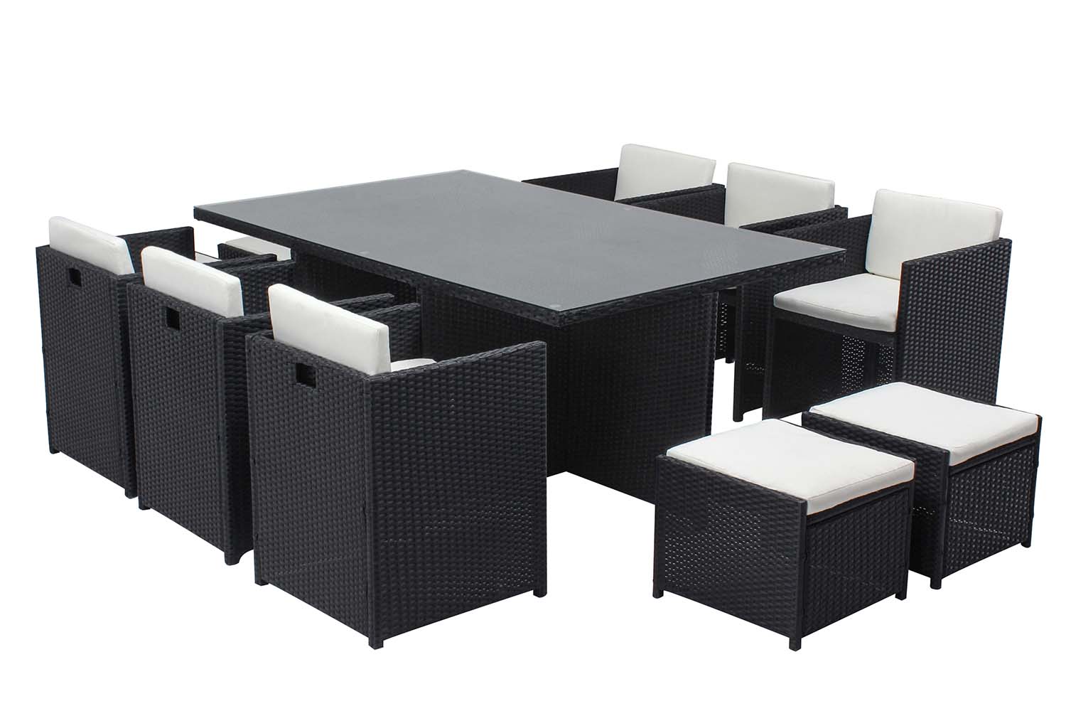 Table et chaises 10 places encastrables résine noir/blanc REGINA