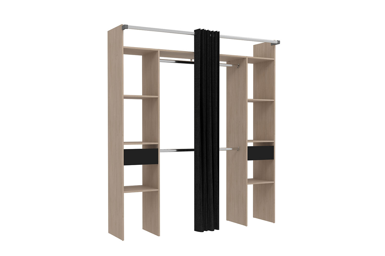 undefined Dressing bois avec rideau noir et 2 penderies, 6 étagères et 2 tiroirs