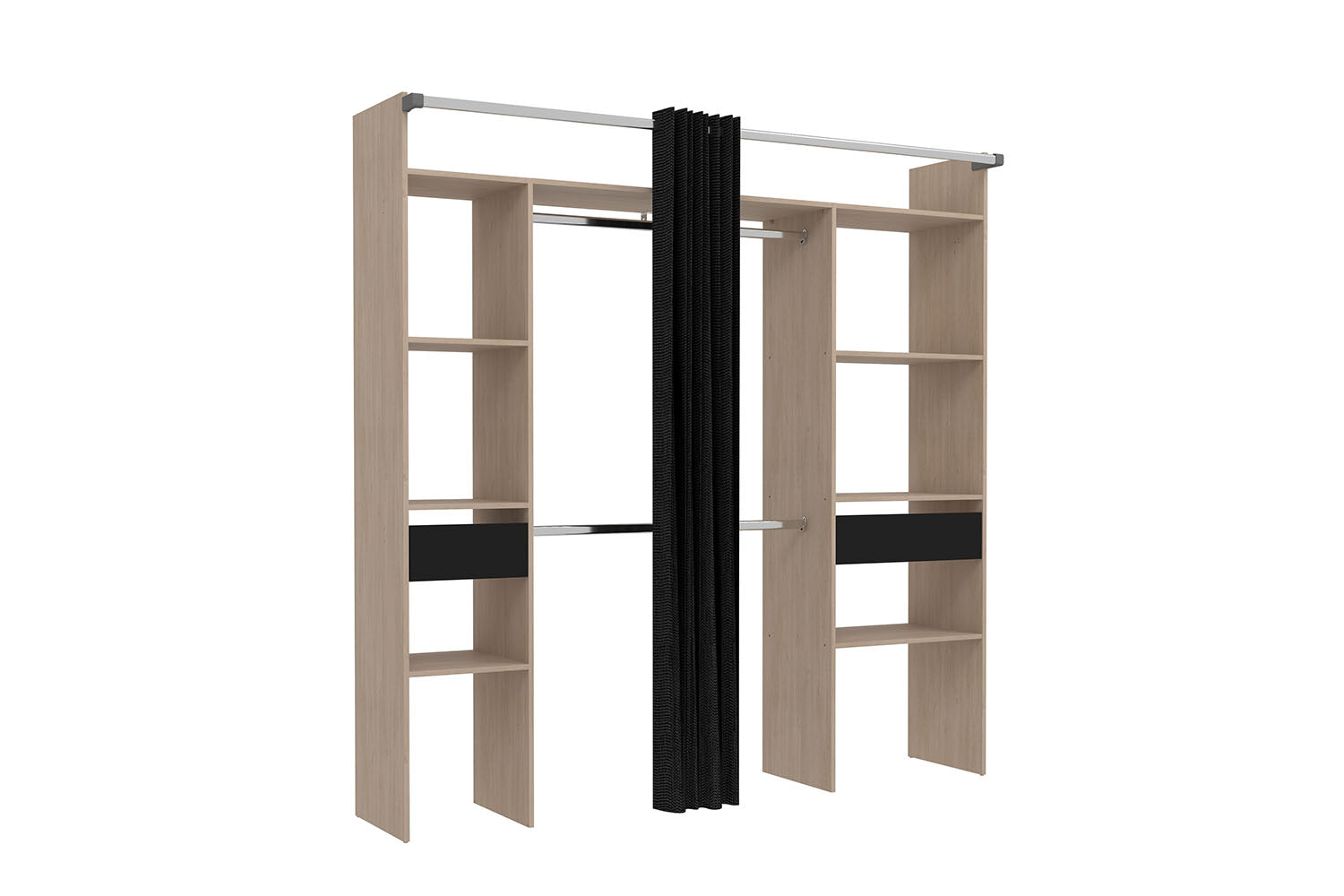 undefined Dressing bois avec rideau noir et 2 penderies, 6 étagères et 2 tiroirs