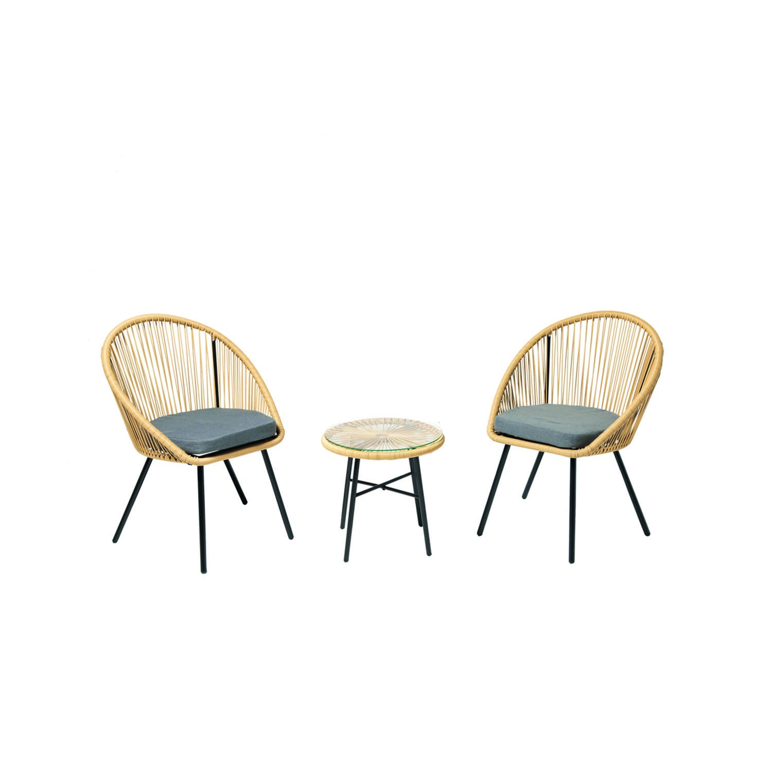 Salon de balcon 2 fauteuils et 1 table coussins gris MORO