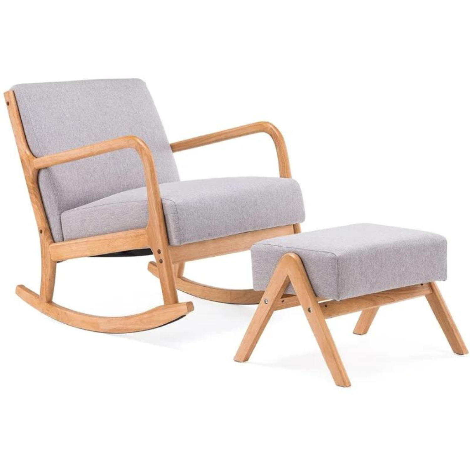 Rocking Chair + pouf scandinave en bois et tissu gris BLOOM