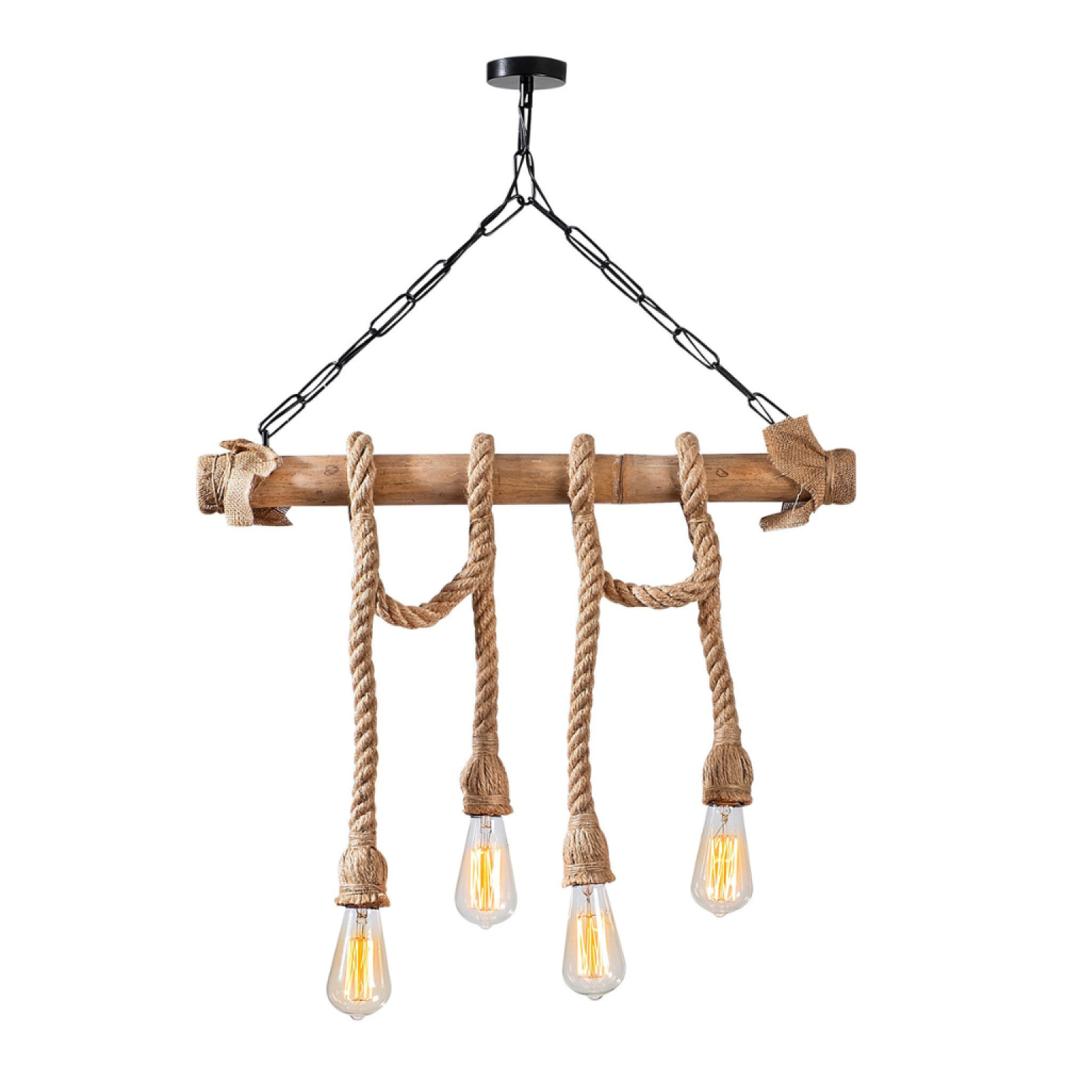 Suspension rustique filaire 4 lampes cordes et bois SHANGHAI