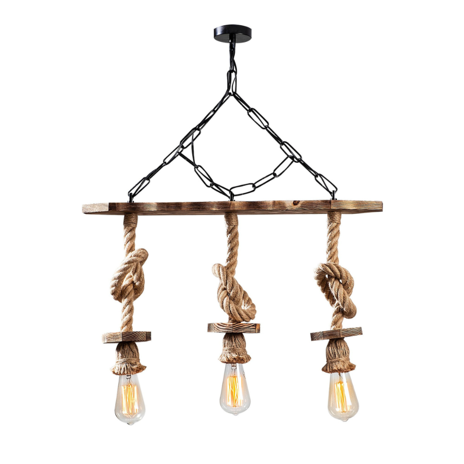 Suspension rustique filaire 3 lampes cordes et bois CASABLANCA