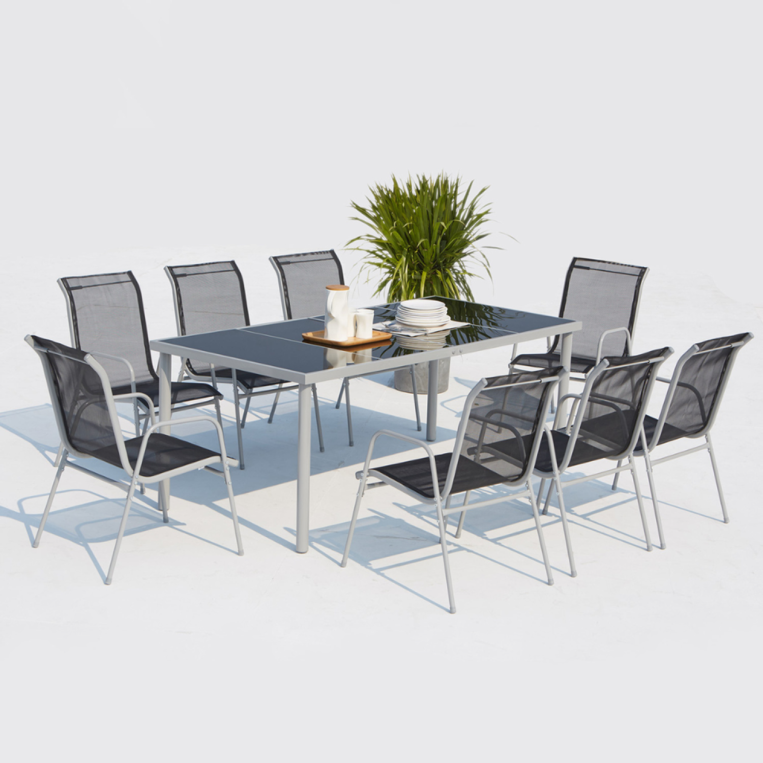 Table de jardin et 8 chaises en acier et toile PVC gris WILEVA