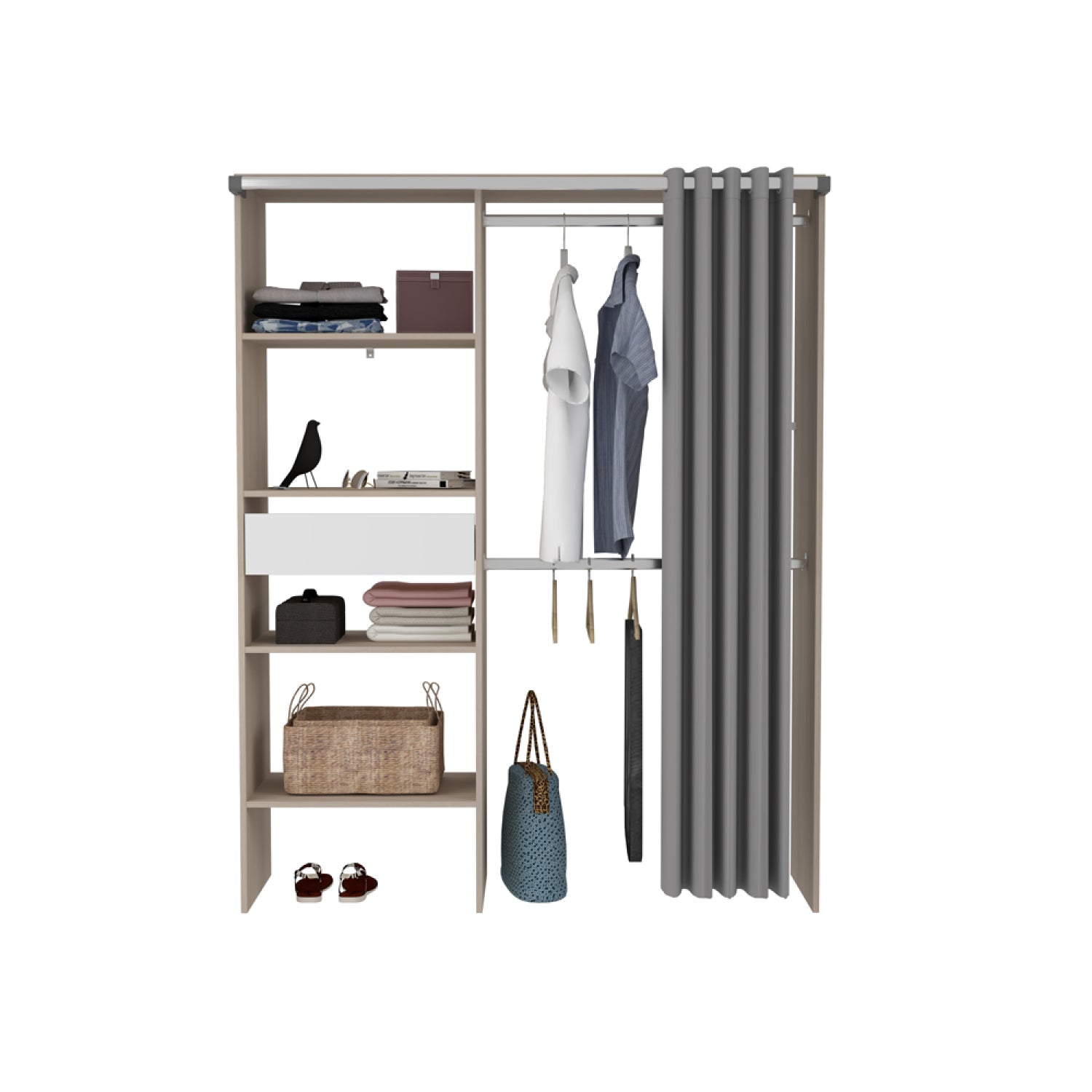 Dressing avec rideau, 4 étagères, 2 penderies et un tiroir bois et blanc MONTRELO
