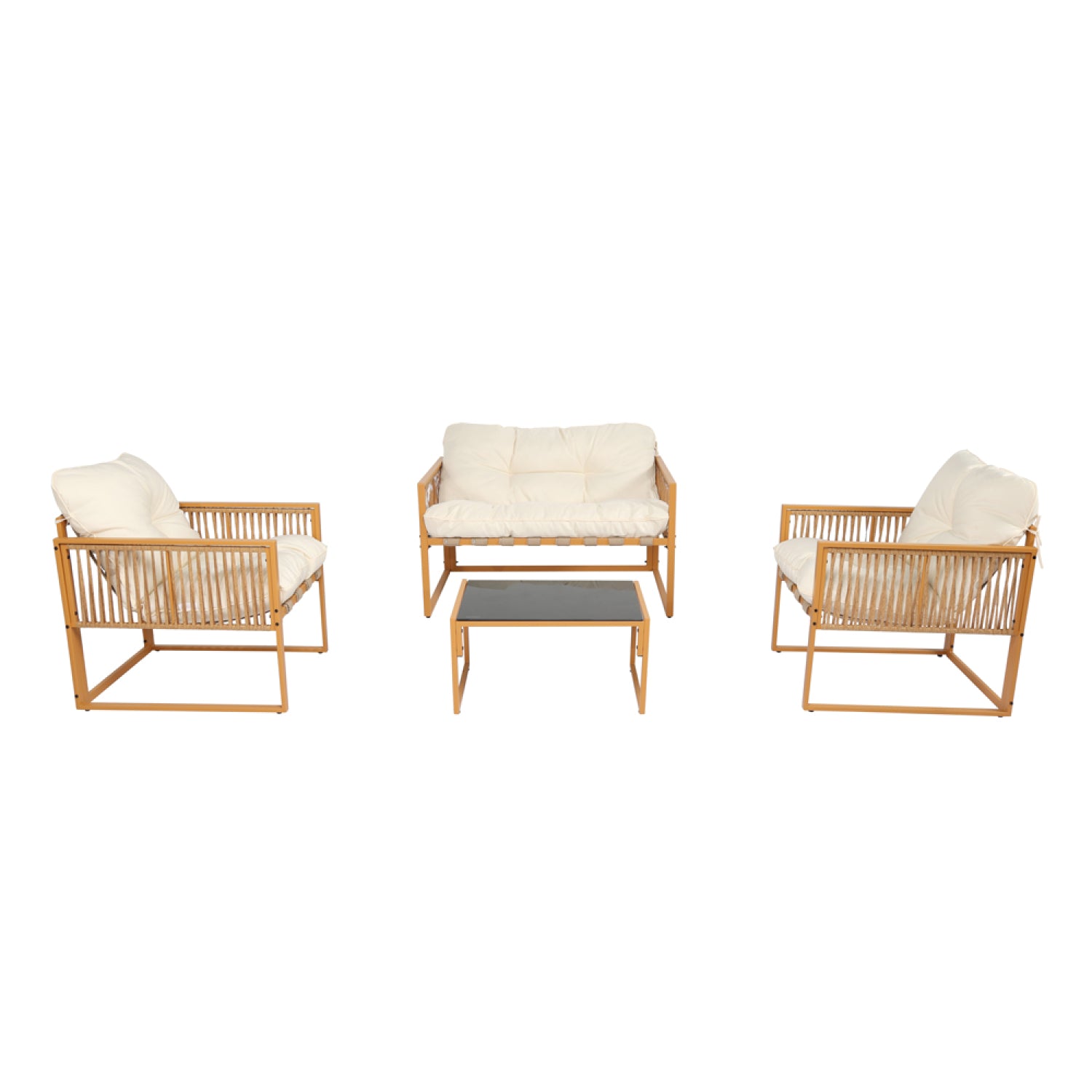 Salon de jardin 4 places effet rotin coussins blancs VALENCIA