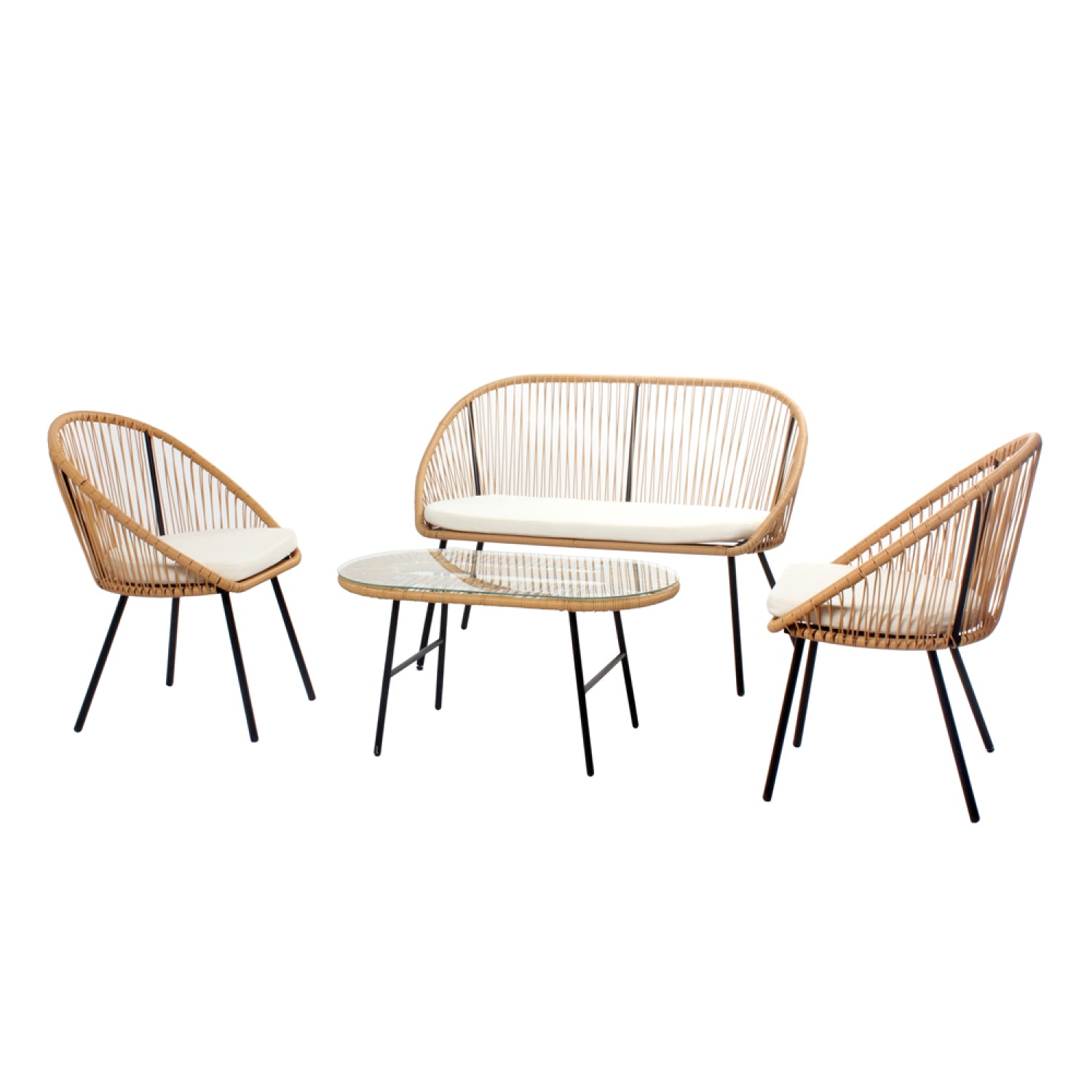 Salon de jardin 4 places esprit rotin naturel et coussins beiges HELLO