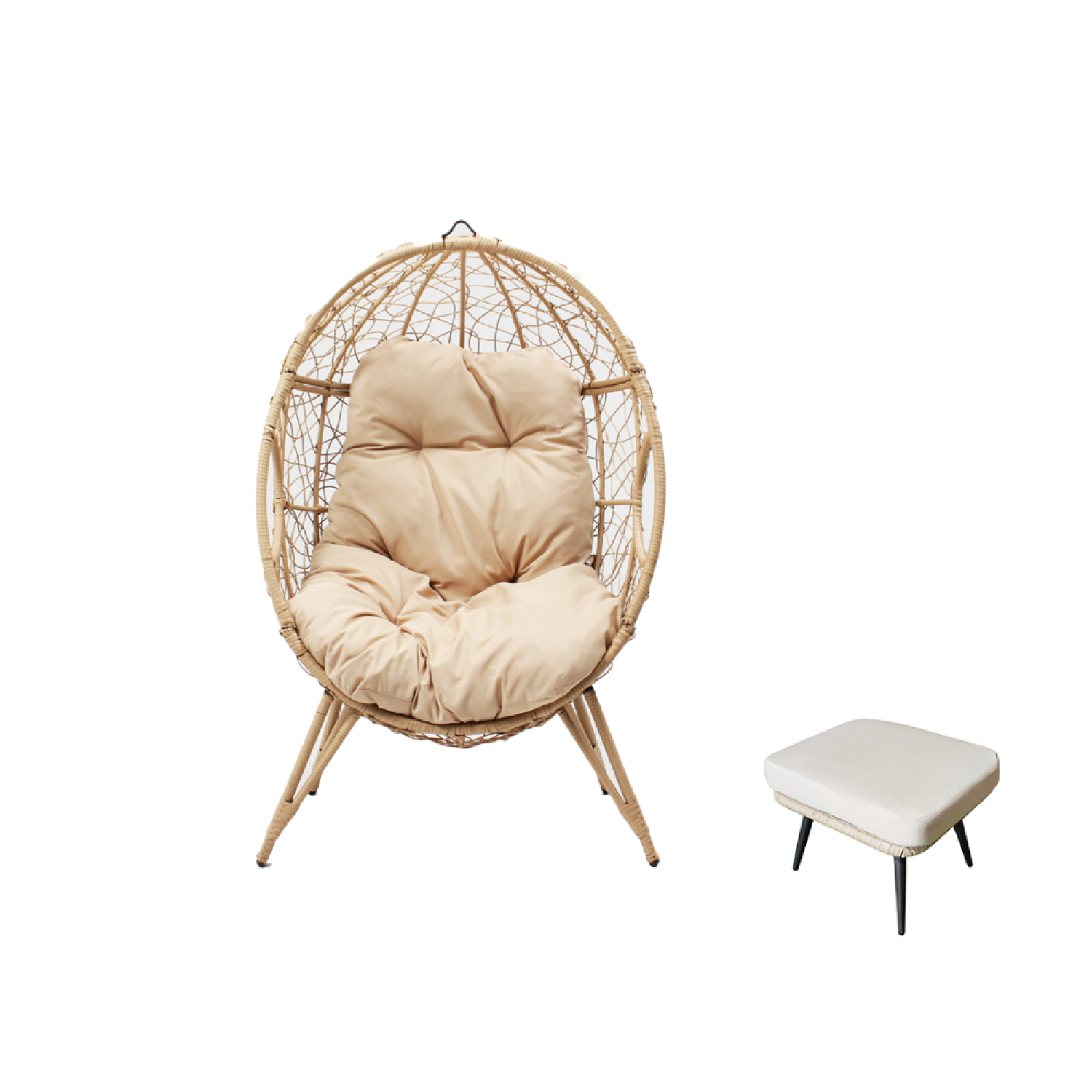 Ensemble d'extérieur : fauteuil suspendu effet rotin et repose-pieds avec coussin beige RIMOUSKI