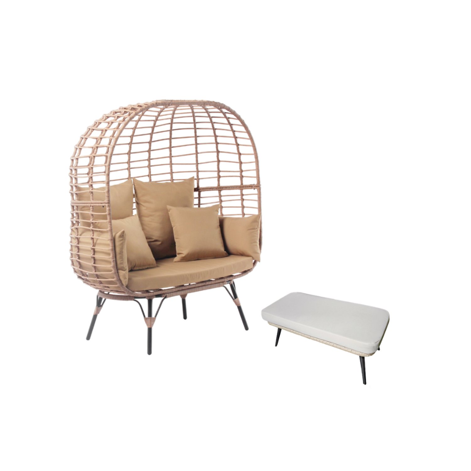 Ensemble fauteuil sur pied effet rotin et repose-pieds avec coussin beige RIMOUSKI