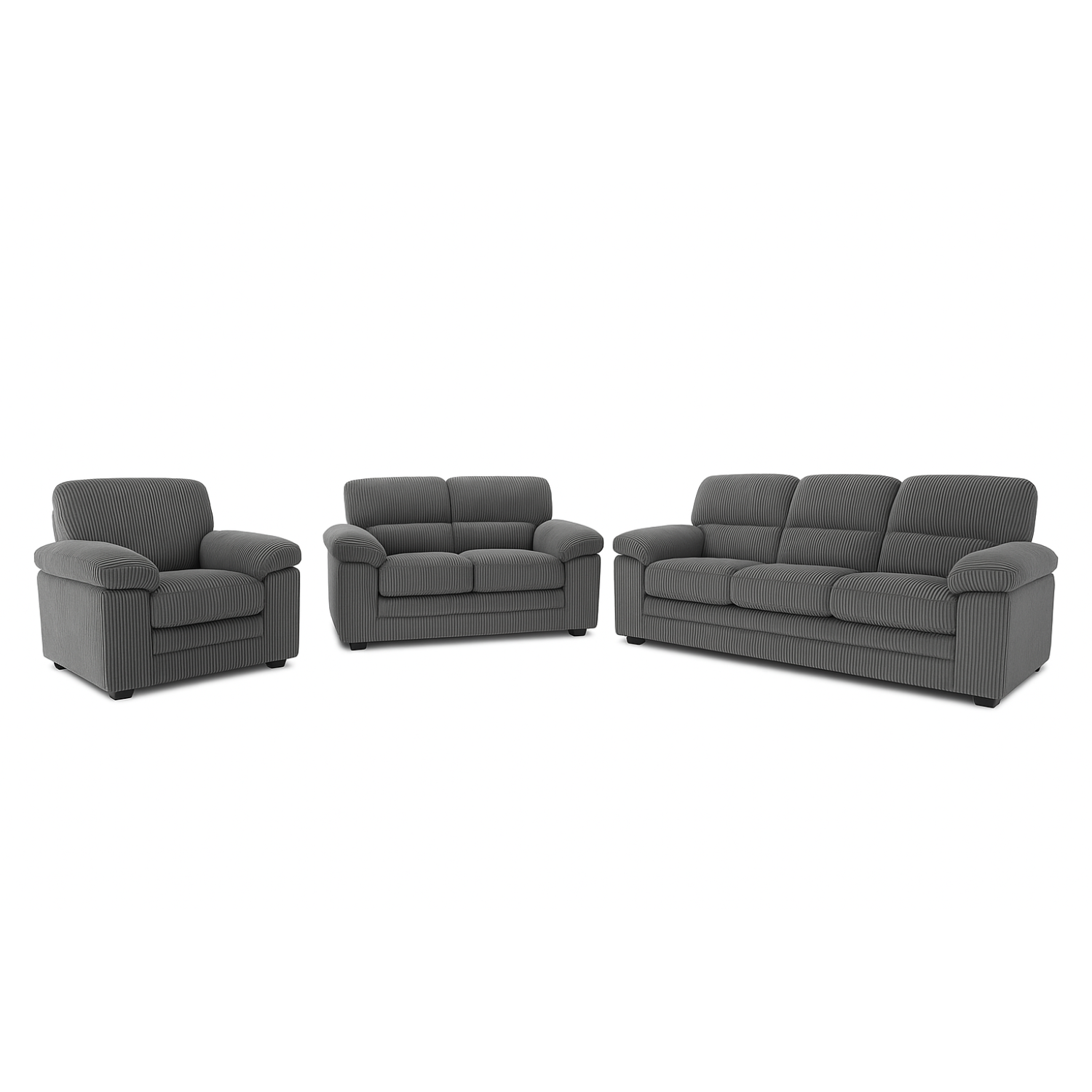 Canapé 3 places + 2 places + fauteuil en velours côtelé gris foncé POPULONIA