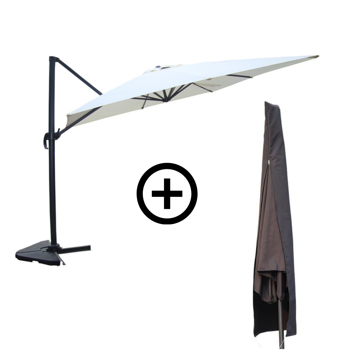 Parasol rectangulaire 3x4m déporté rotatif écru avec housse NAVIA