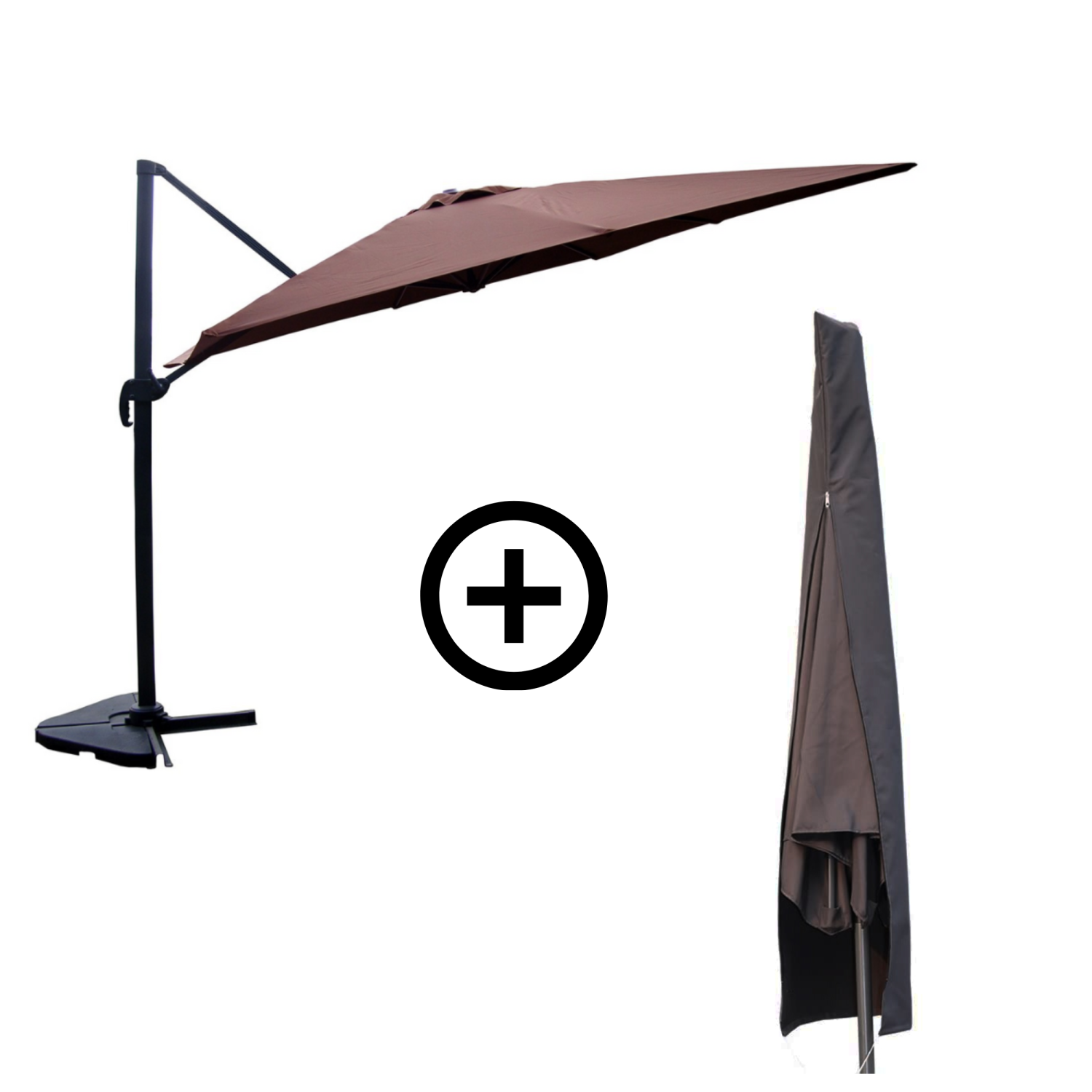 Bundle parasol rectangulaire 3x4m déporté rotatif marron aluminium + housse NAVIA
