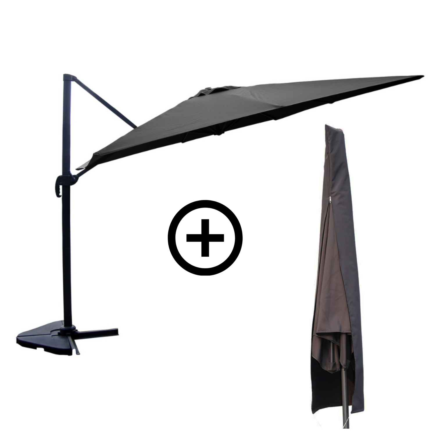 Bundle parasol 3x4m déporté rotatif gris + housse NAVIA