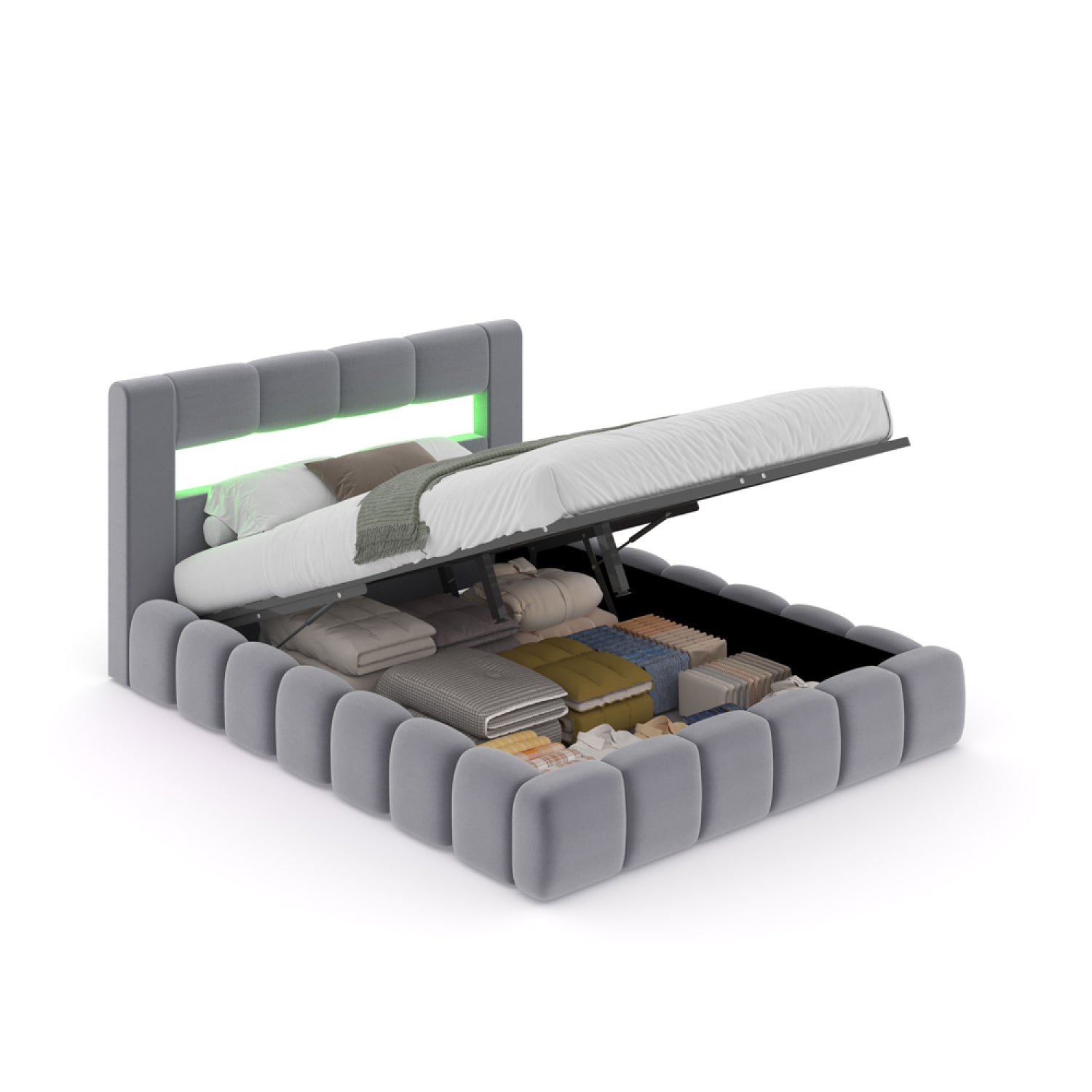 undefined Lit coffre LED style nuage 180x200cm en velours gris avec tête de lit et sommier