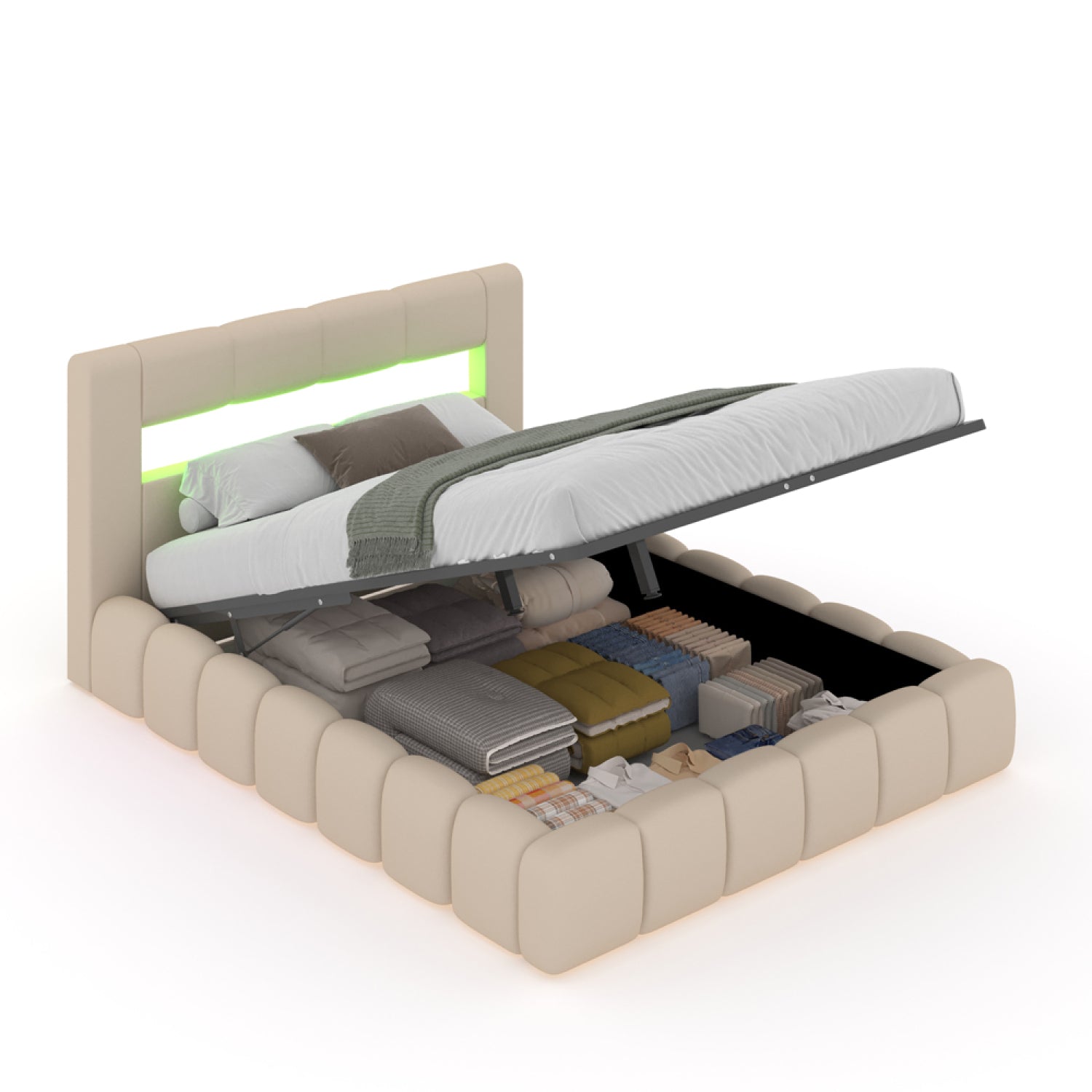 undefined Lit coffre LED style nuage 180x200cm en velours beige avec tête de lit et sommier