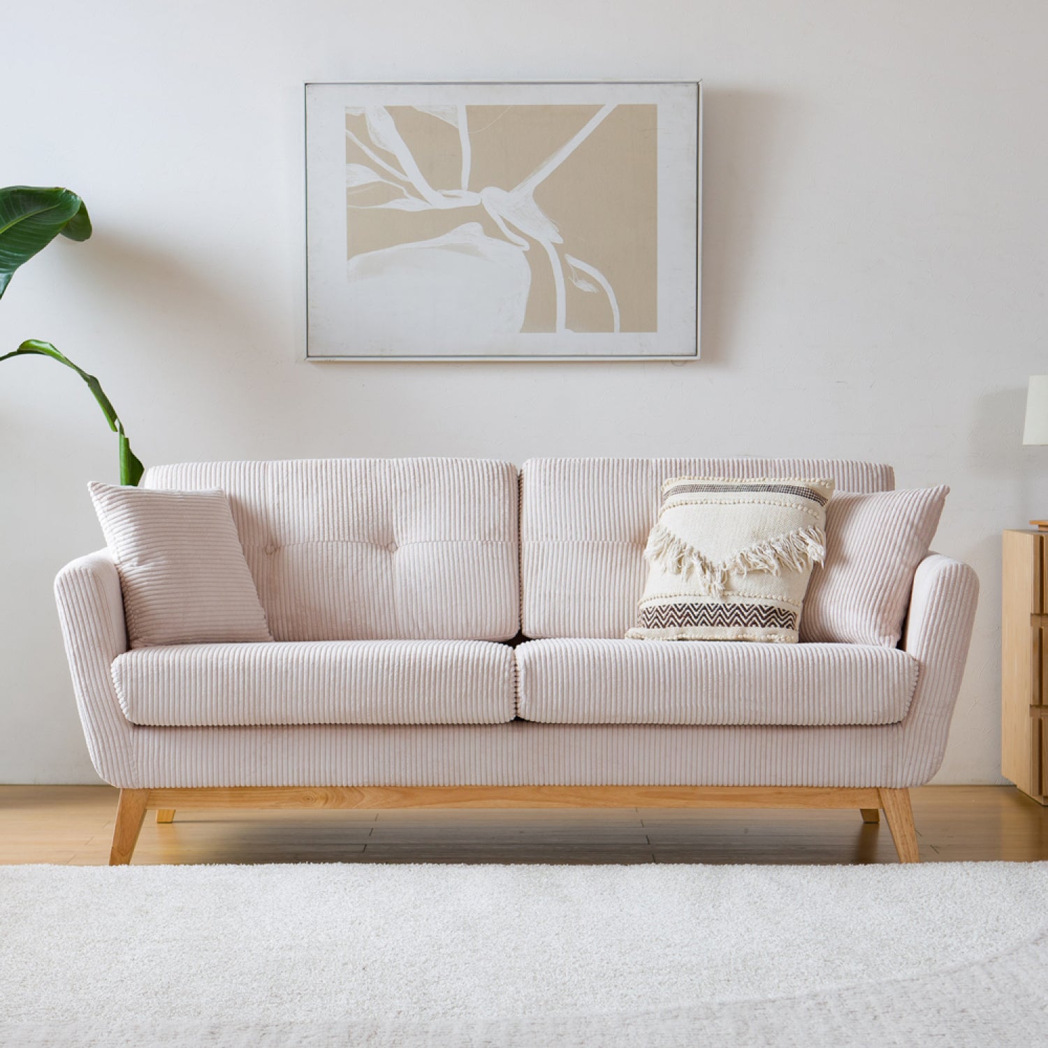 Canapé 3 places scandinave velours côtelé beige DOVIRA