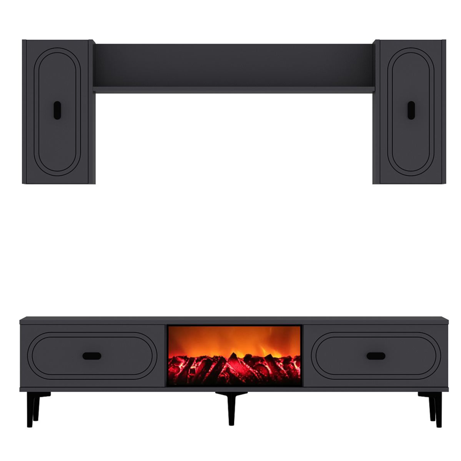 Ensemble meuble TV avec étagères murales et cheminée LED 150cm gris anthracite LEWES