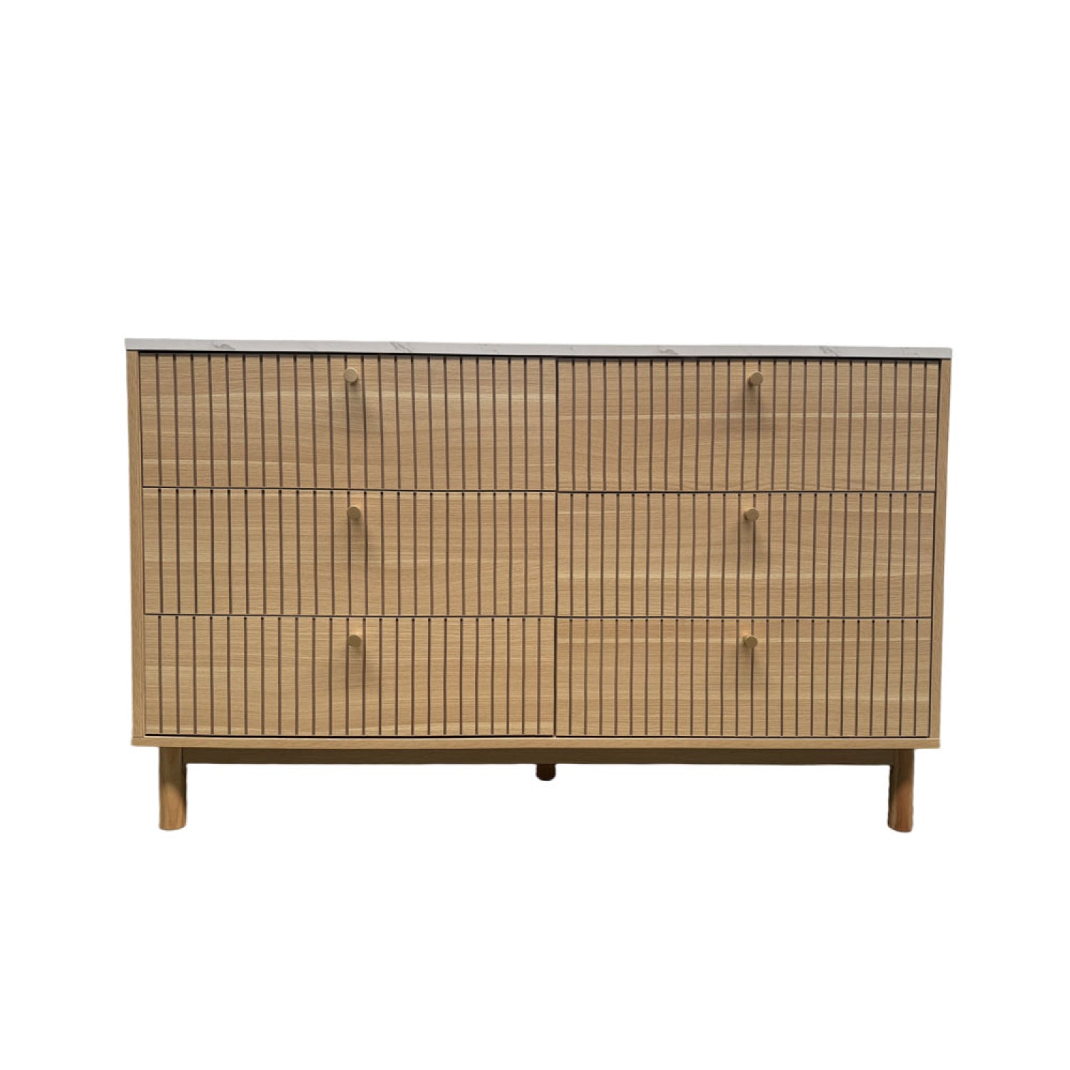 Buffet 6 tiroirs aspect bois rainuré et marbre 120cm MENDO