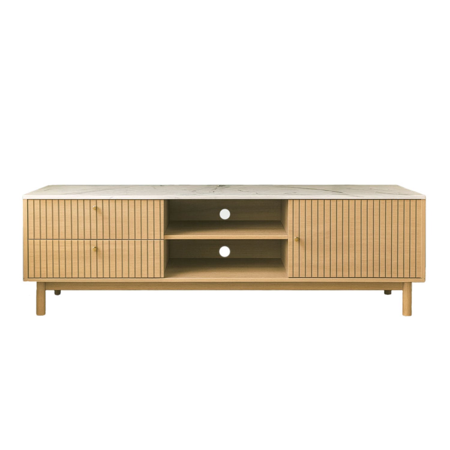 Meuble TV aspect bois rainuré et marbre avec tiroirs et placard 150cm TOMAR