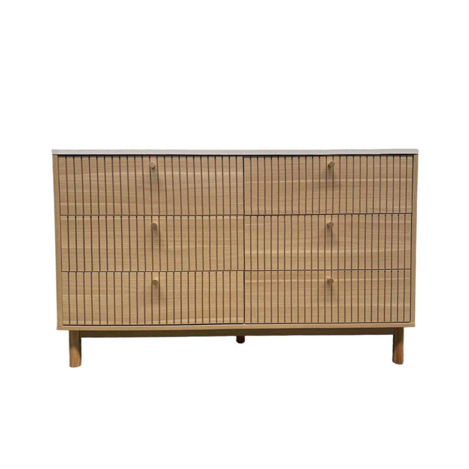 Buffet 6 tiroirs aspect bois rainuré et blanc 120cm MIRANDELA