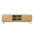 Meuble TV aspect bois rainuré et blanc avec tiroirs et placard 150cm NEXO