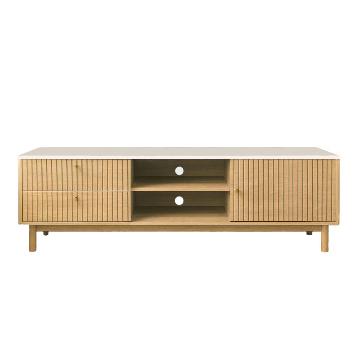 Meuble TV aspect bois rainuré et blanc avec tiroirs et placard 150cm TOMAR