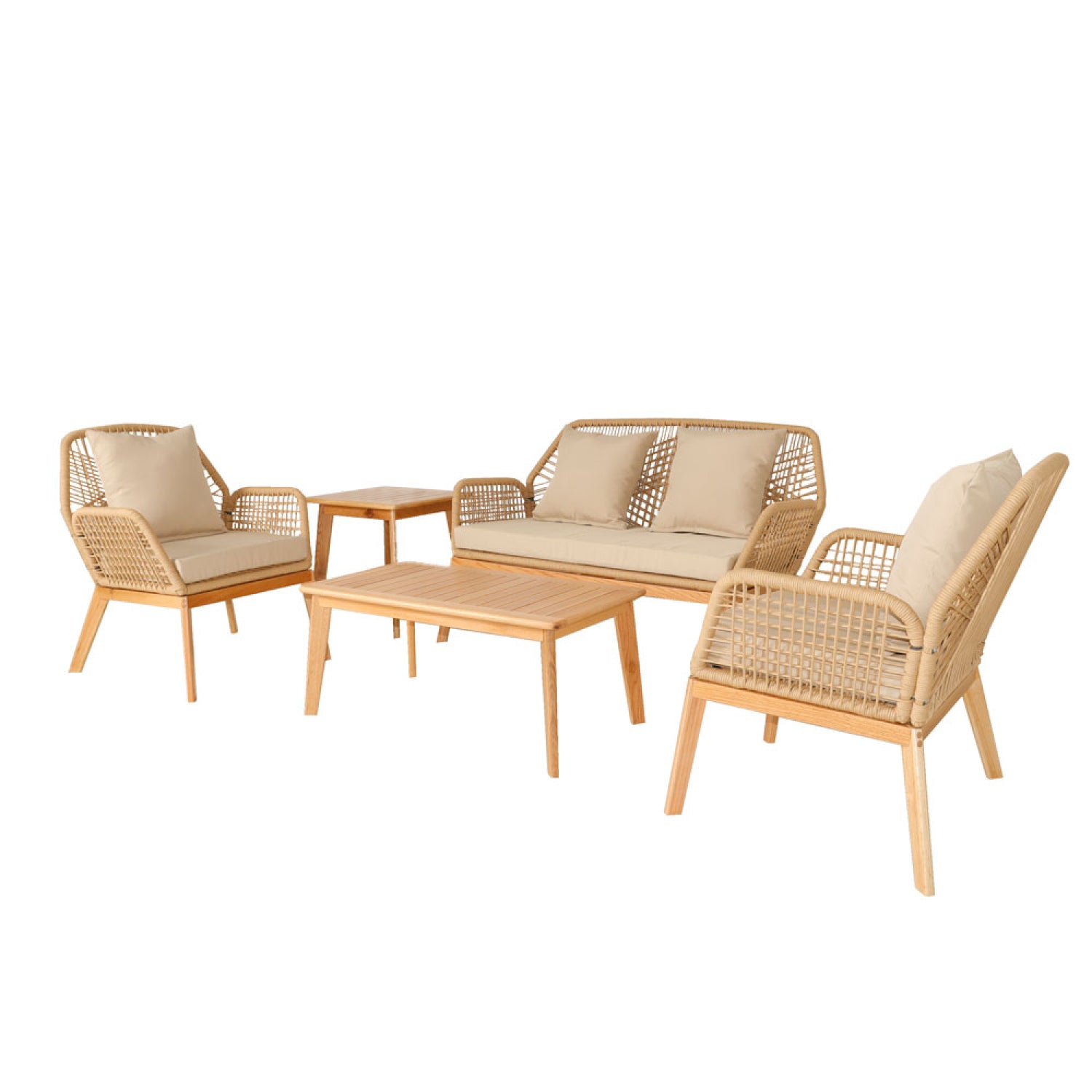 Salon de jardin 4 places en bois avec 2 tables beige et bois EMILIO