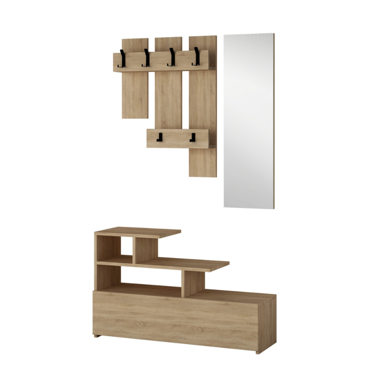 Meuble d'entrée effet bois avec porte manteau, rangement et miroir POLIGNANO