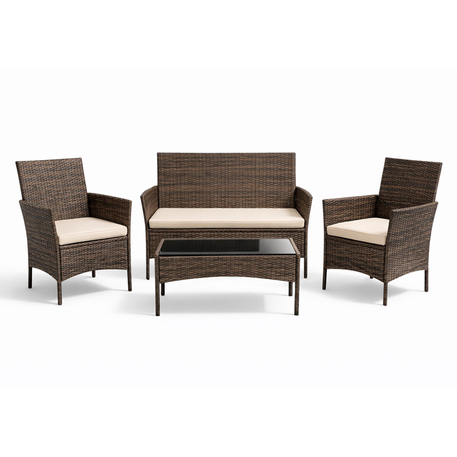 Ensemble de jardin 4 places en résine tressée marron et coussins beige ZANZIBAR