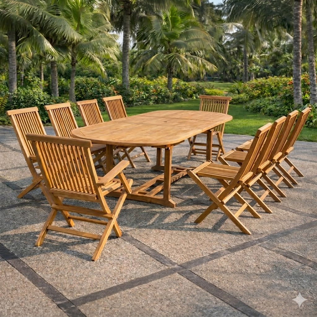 Salon de jardin Teck 12 places Table ovale 8 chaises 2 fauteuils LIRENO