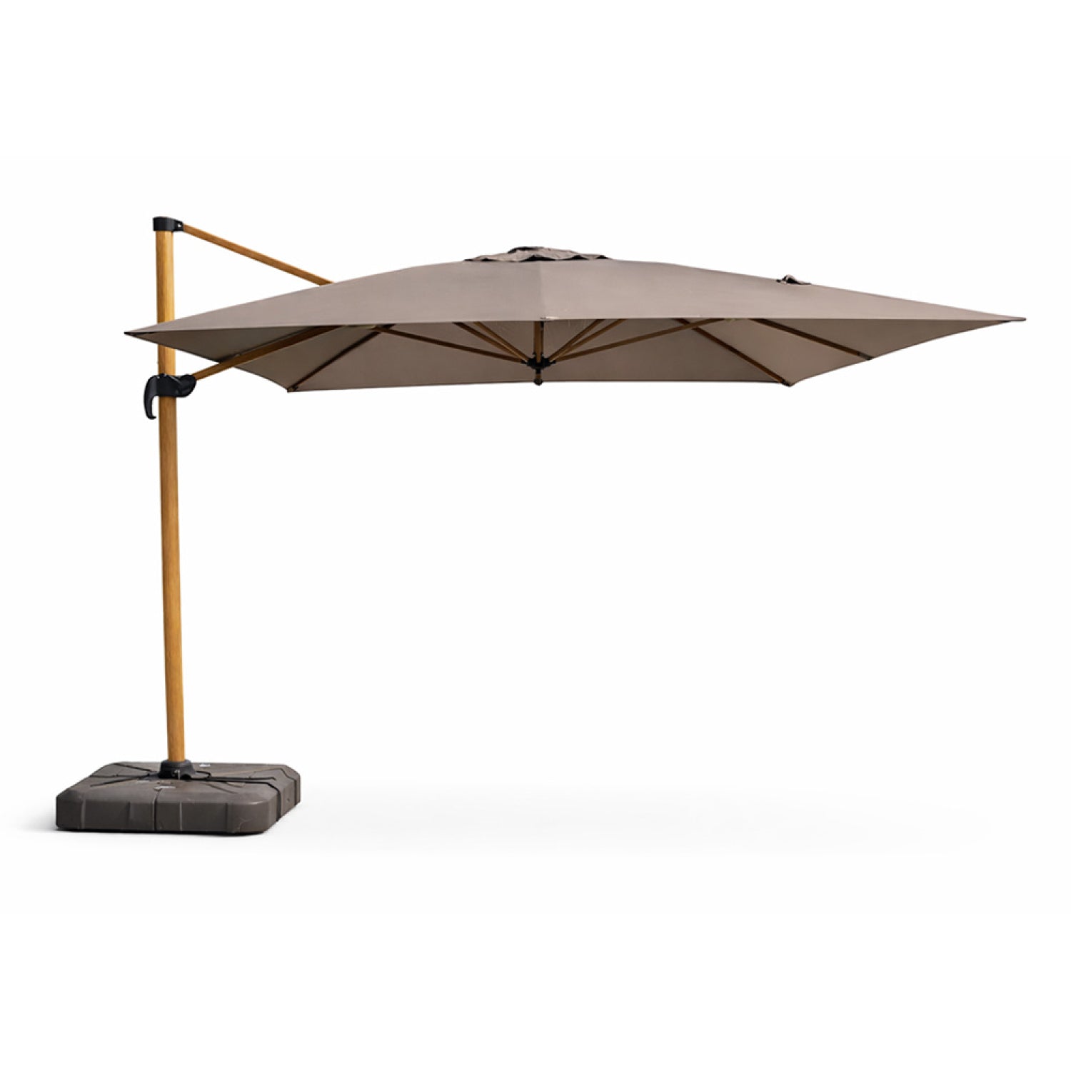Parasol rectangulaire 3x4m déporté rotatif gris pied effet bois en aluminium KORIVA