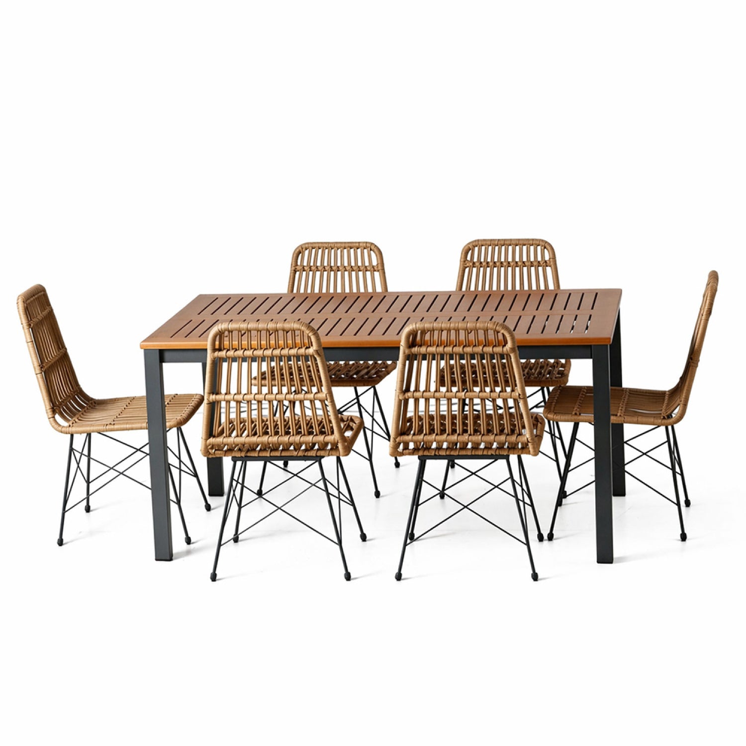 Salon de jardin 6 places avec table en bois naturel et chaises en résine tressée LOON