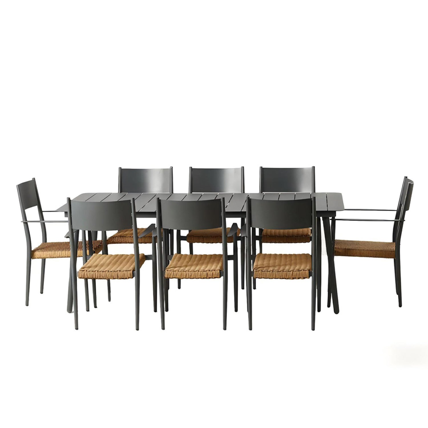 Ensemble table de jardin 200 cm et 8 fauteuils gris foncé effet rotin WATSON