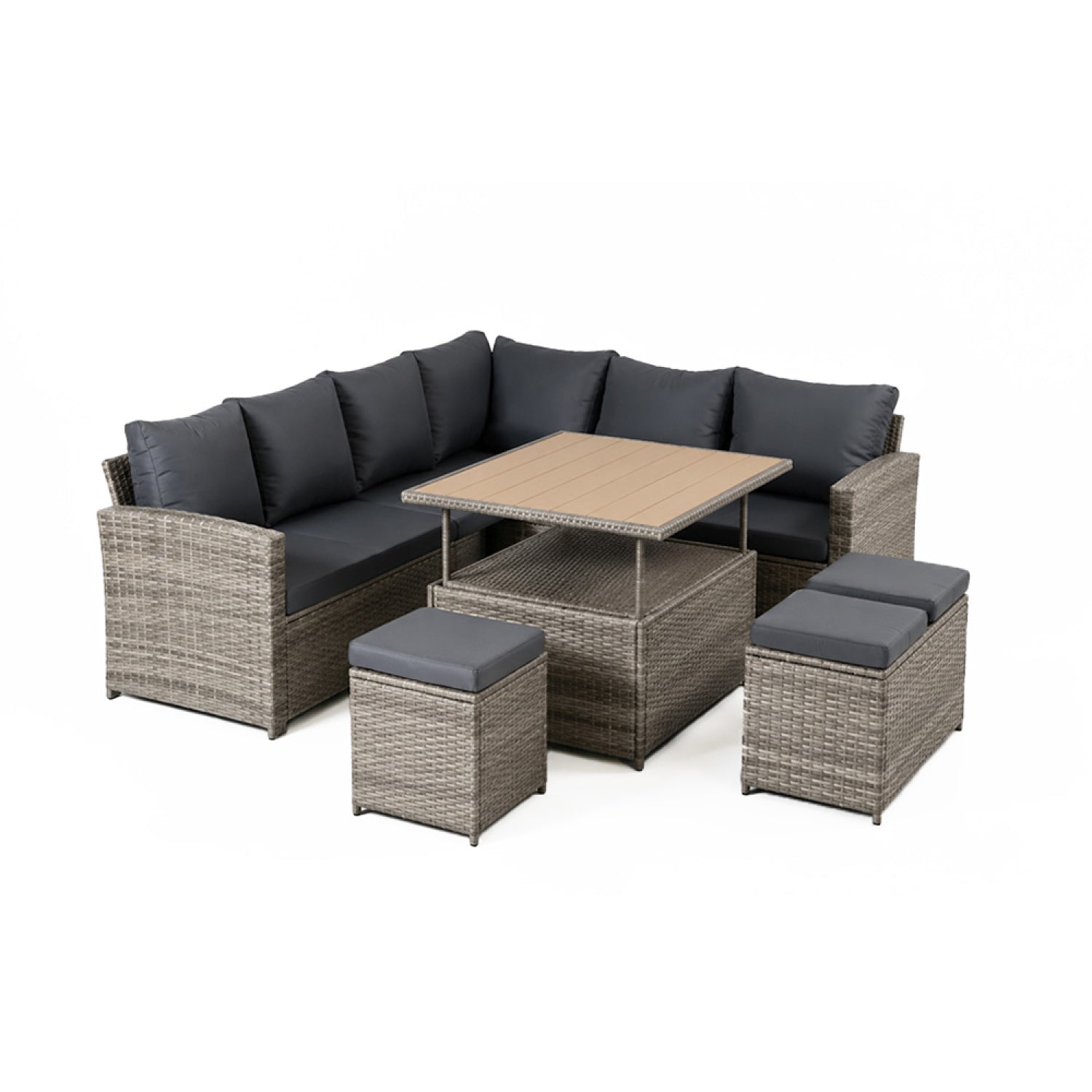 Salon de jardin modulable 9 places en résine tressée avec table relevable effet bois PALAU