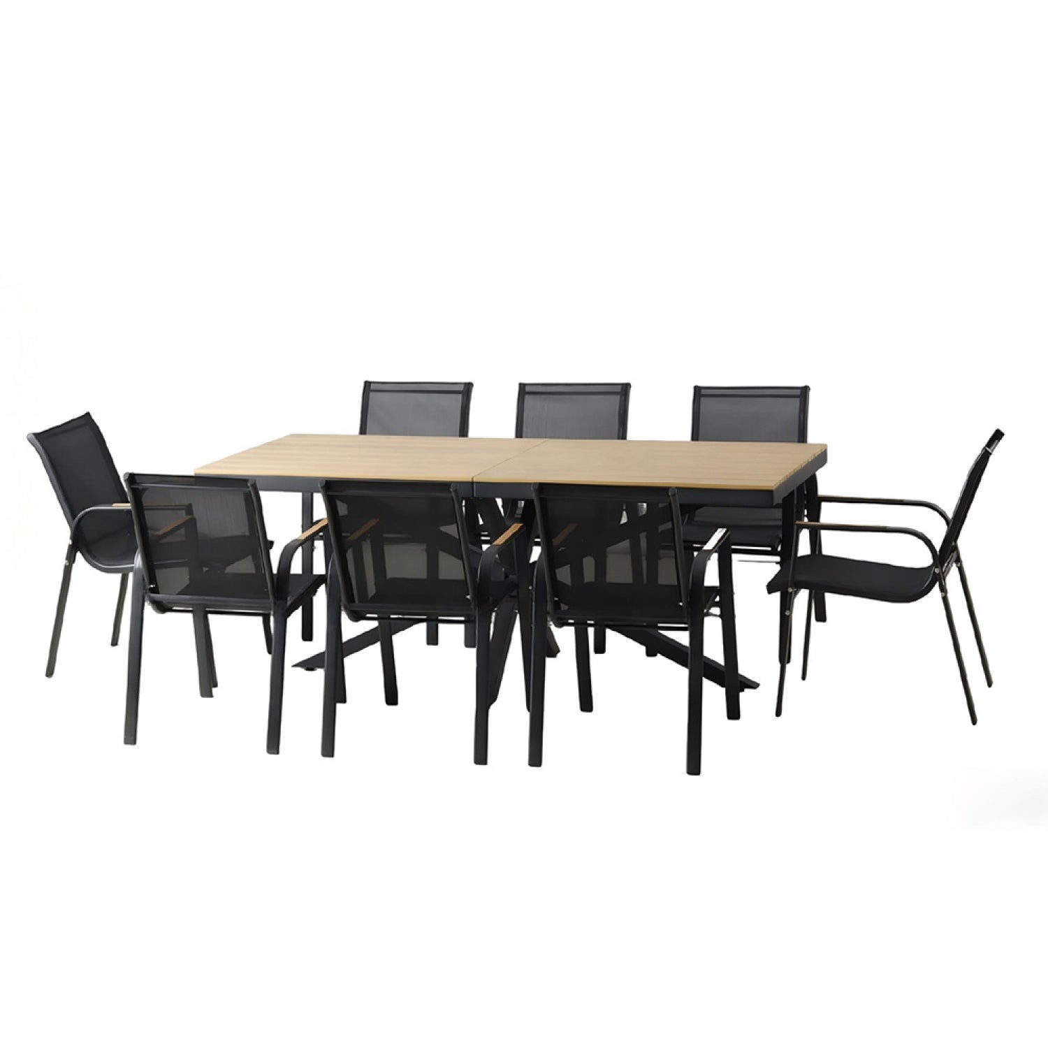 Ensemble de jardin table 190cm effet bois + 8 fauteuils MOITA